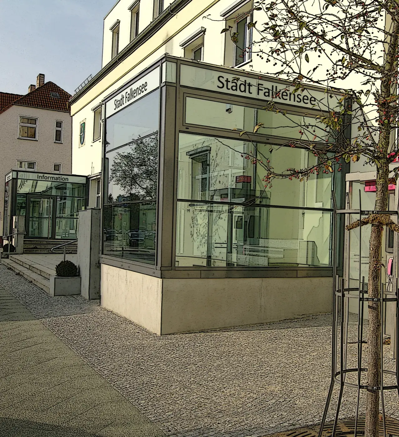 Falkensee citizens' office, conversion of the former post office, view of the added glass cube at the entrance