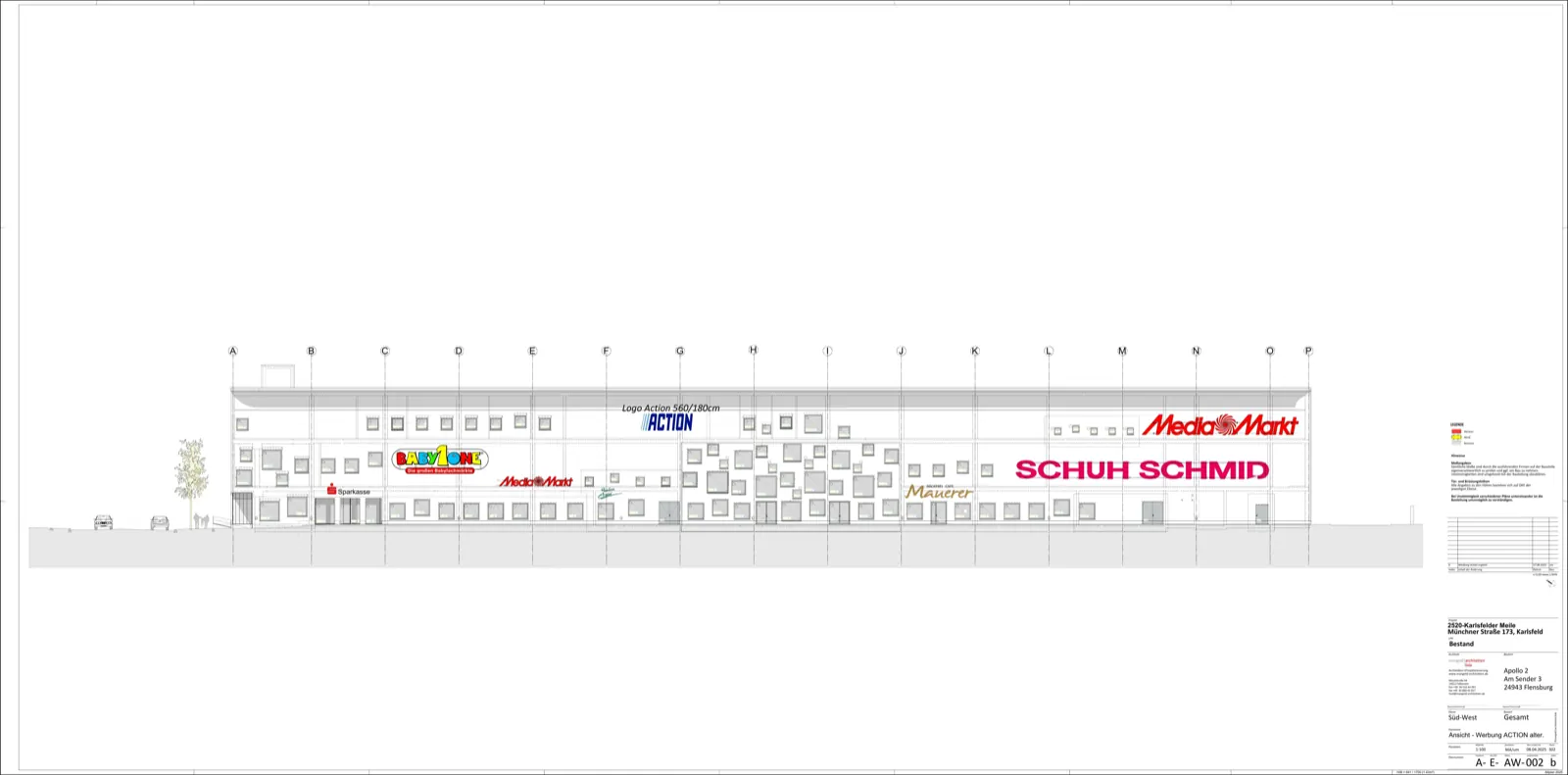 South-west elevation of the Karlsfelder Meile, change of use of a shopping centre